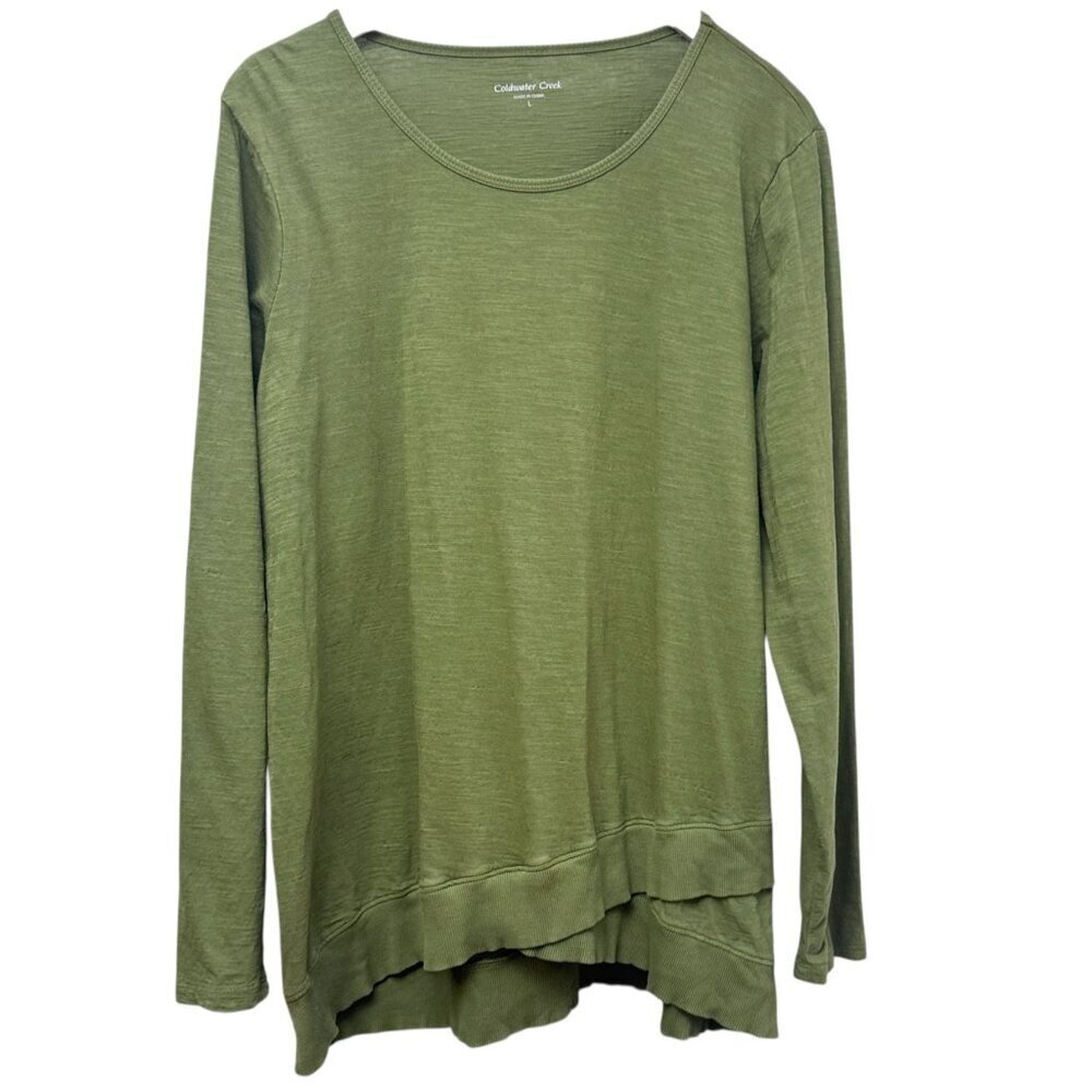 Coldwater Creek Long Sleeve Tee Large Olive Green Womens Casual Top Cotton